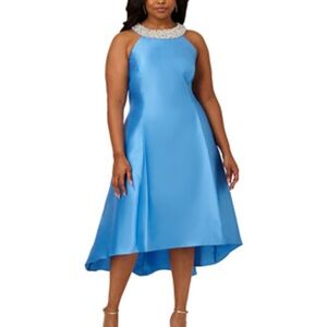 Beaded Neckline Blue High-Low Satin Dress